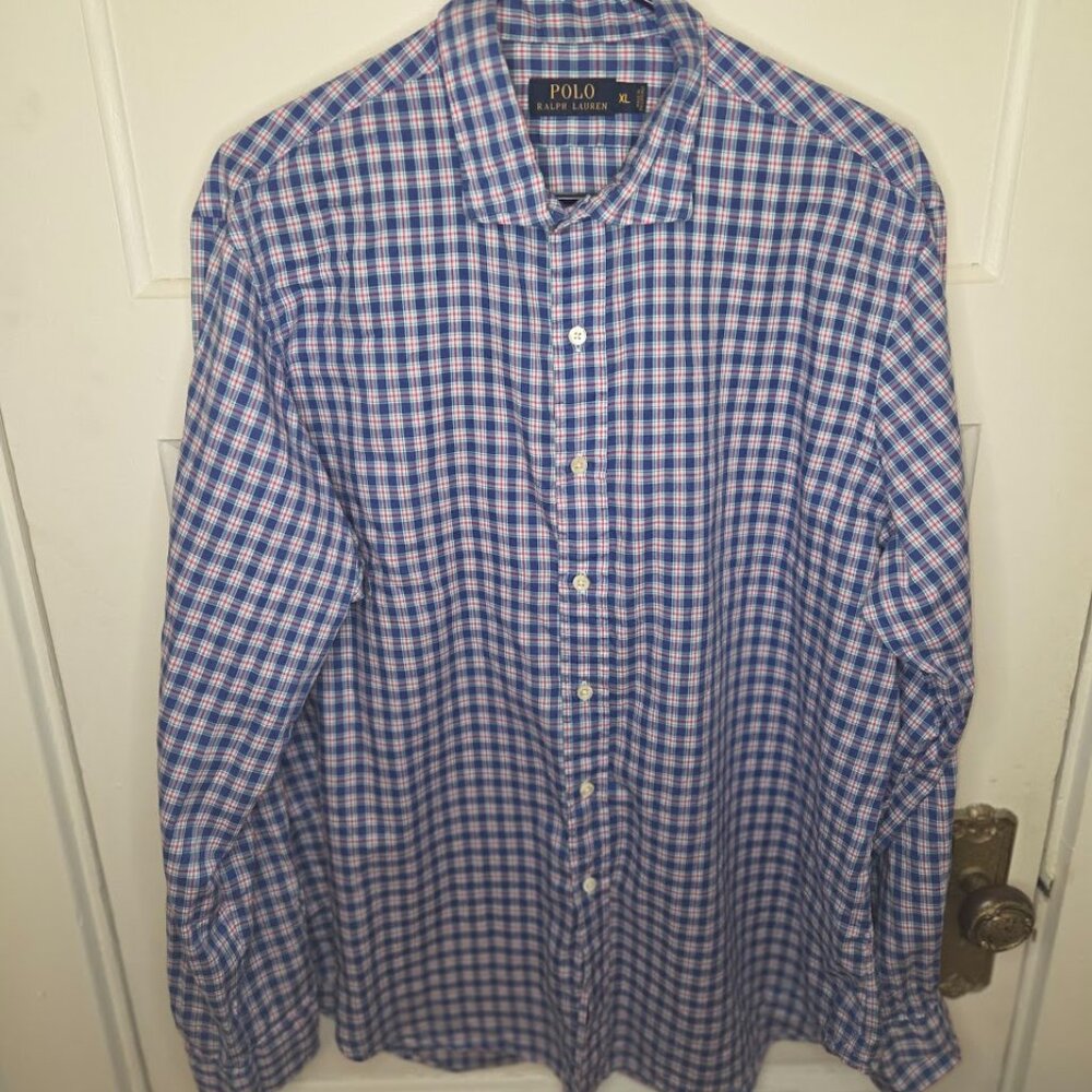 Polo Ralph Lauren Button Down Shirt Men's Size XL Blue Plaid Long Sleeve Casual